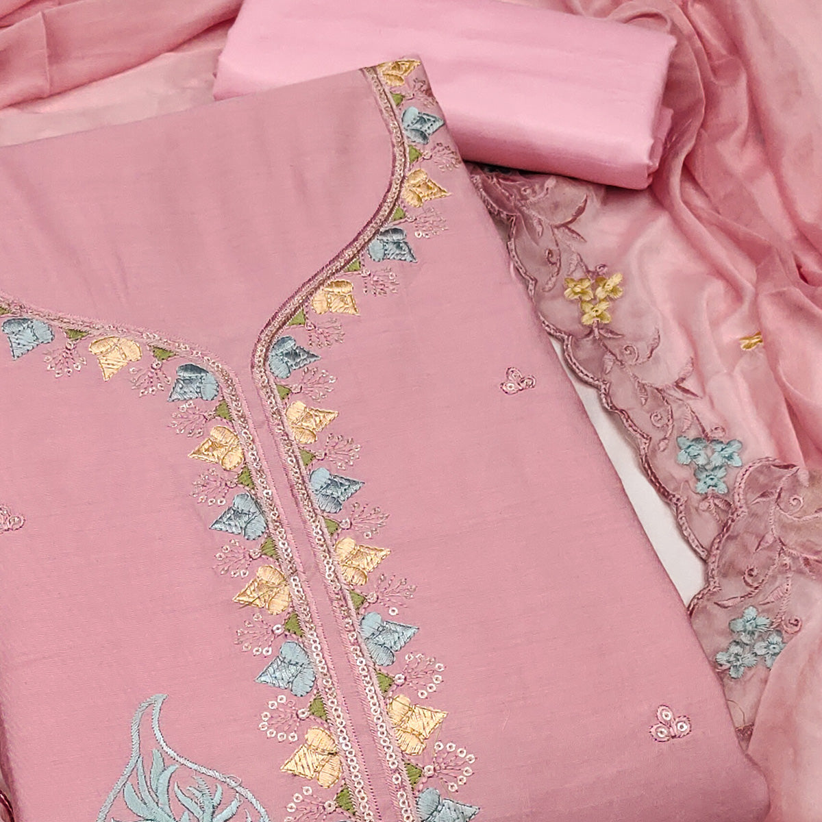 Peach Dress Material In Cotton Silk With Floral Embroidery & Sequin Accents