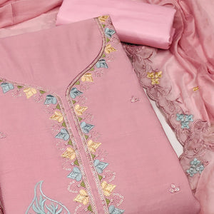 Peach Dress Material In Cotton Silk With Floral Embroidery & Sequin Accents