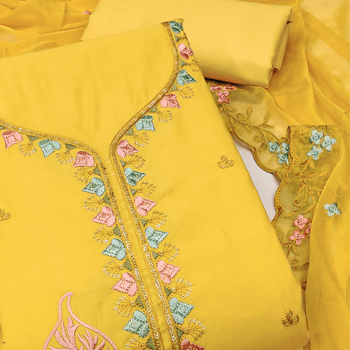 Yellow Dress Material In Cotton Silk With Floral Embroidery & Sequin Accents