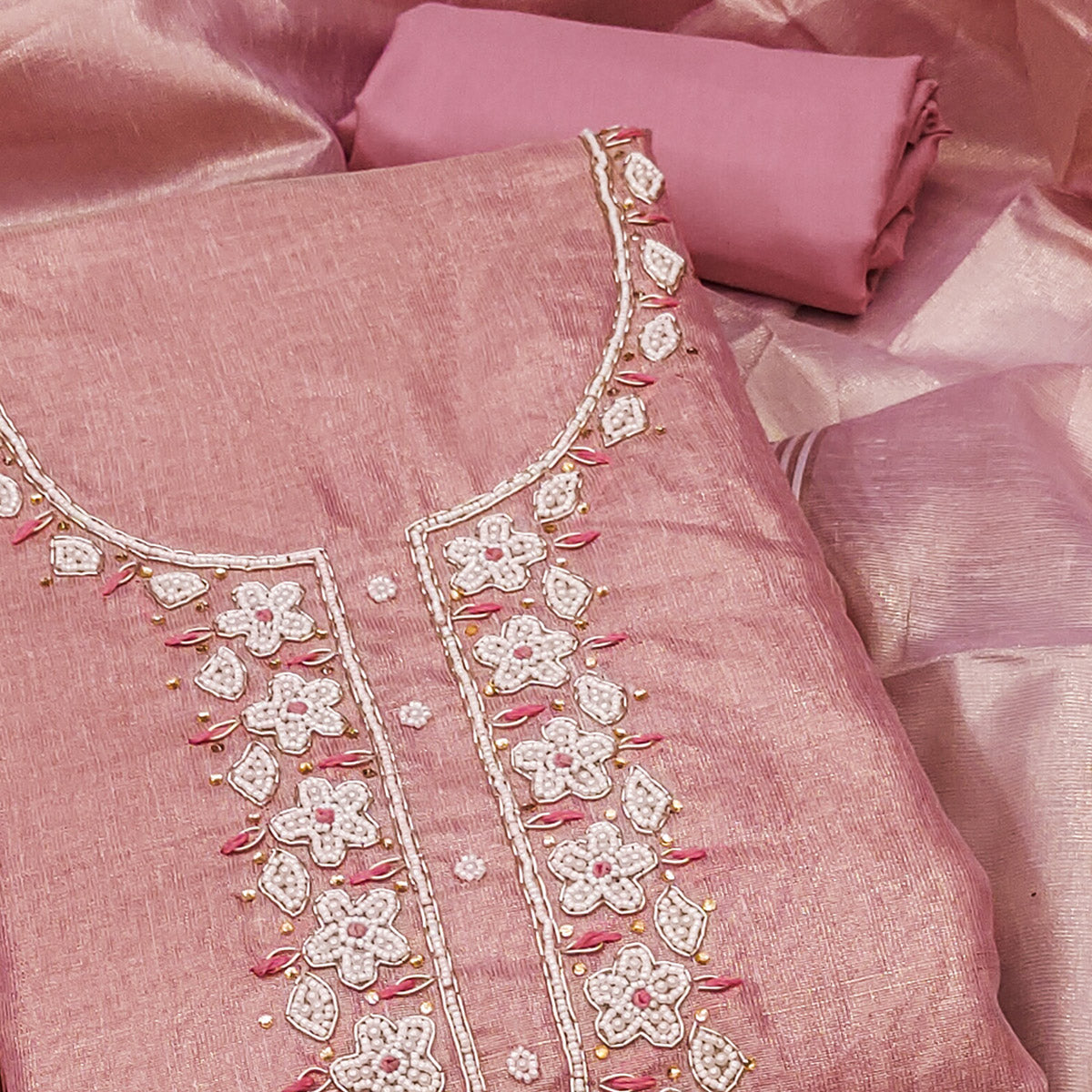 Dusty Rose Pink Shimmer Cotton Pure Cotton Dress Material With Intricate Moti & Stones Handwork