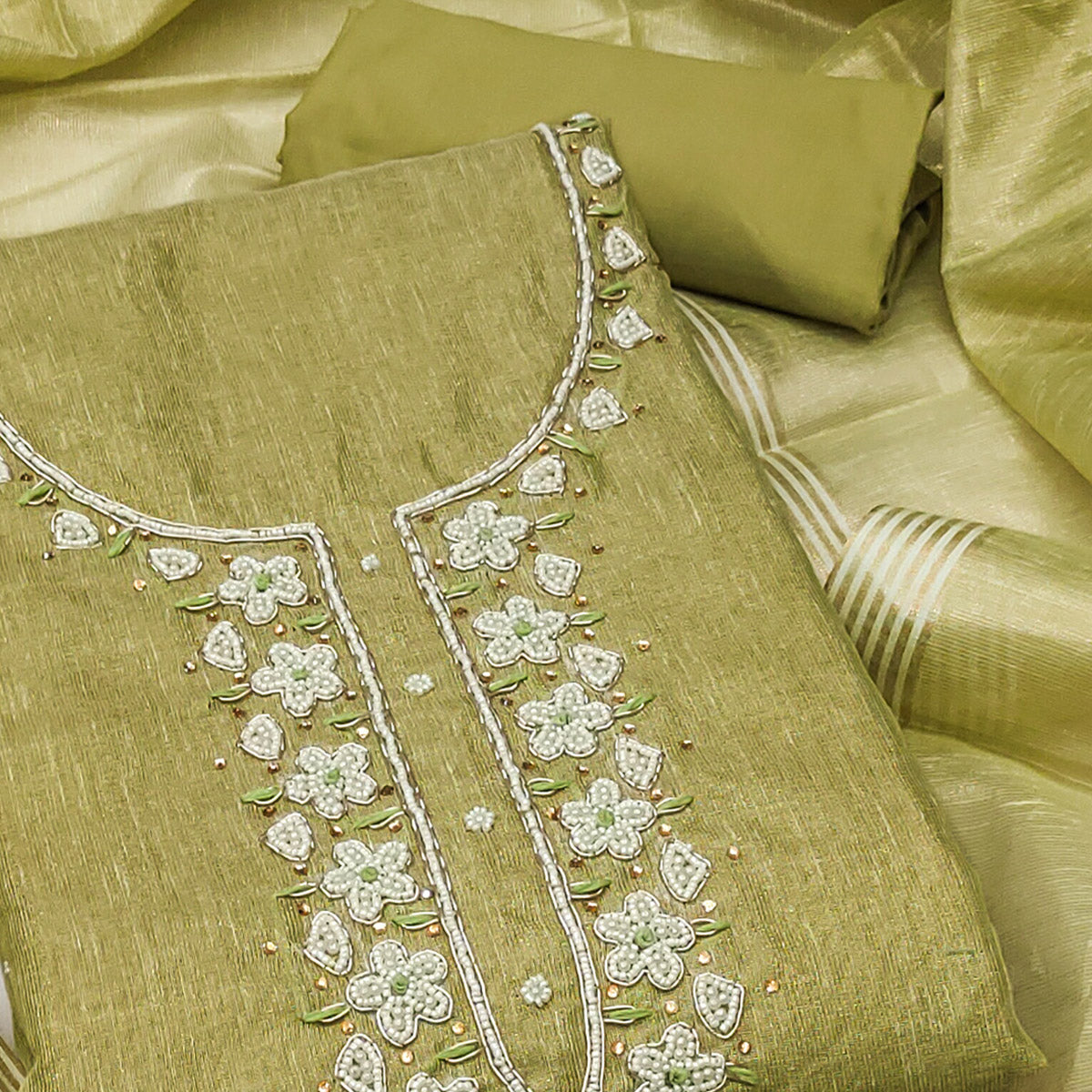 Green Shimmer Cotton Pure Cotton Dress Material With Intricate Moti & Stones Handwork