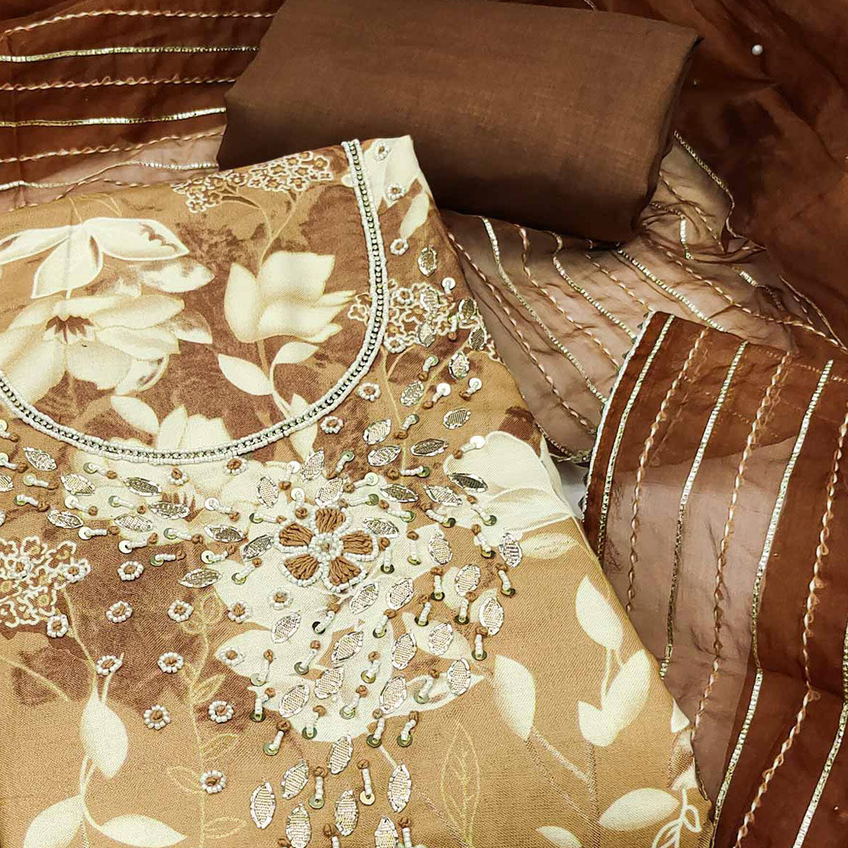 Brown Floral Printed With Intricate Moti & Sequins Handwork Cotton Silk Dress Material