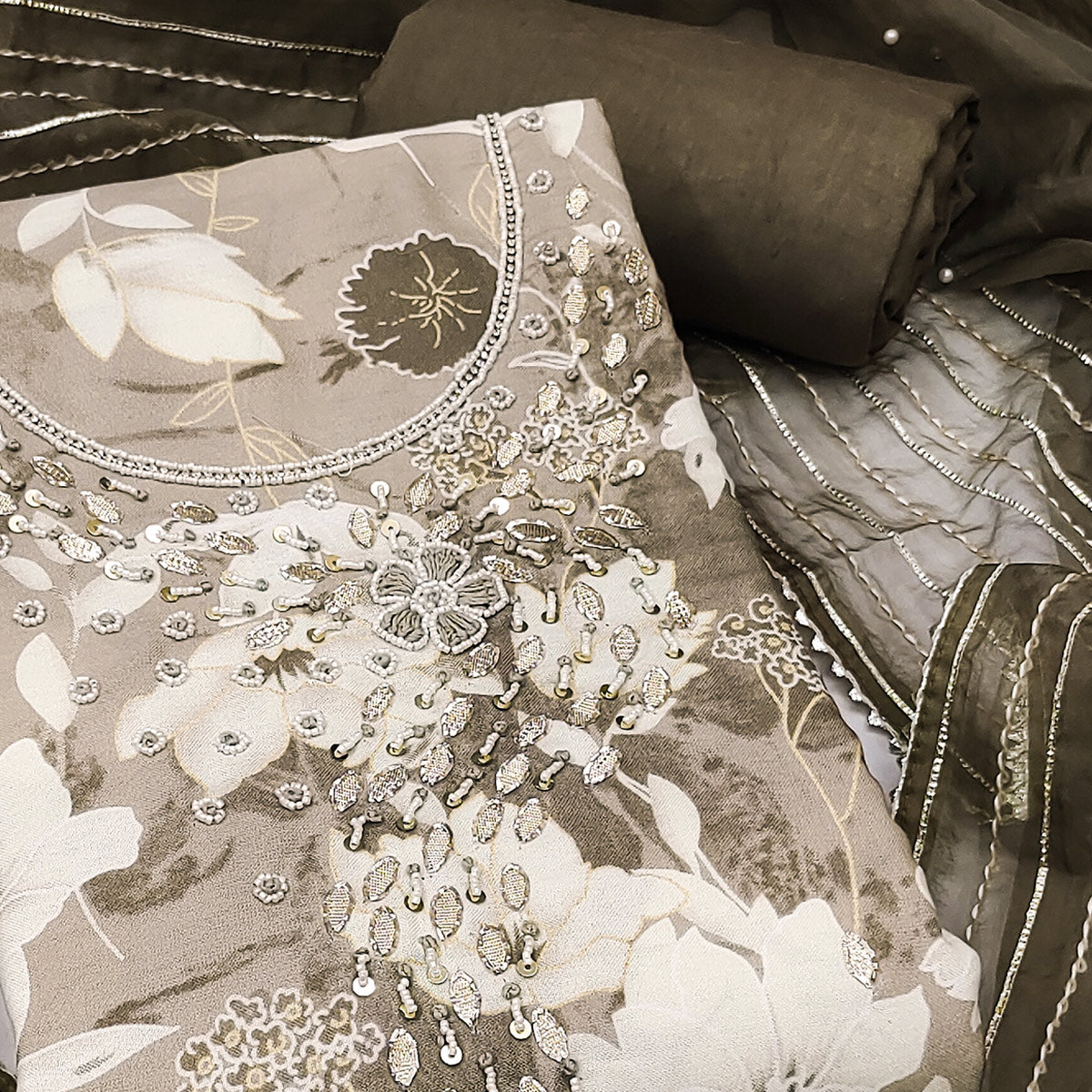 Grey Floral Printed With Intricate Moti & Sequins Handwork Cotton Silk Dress Material