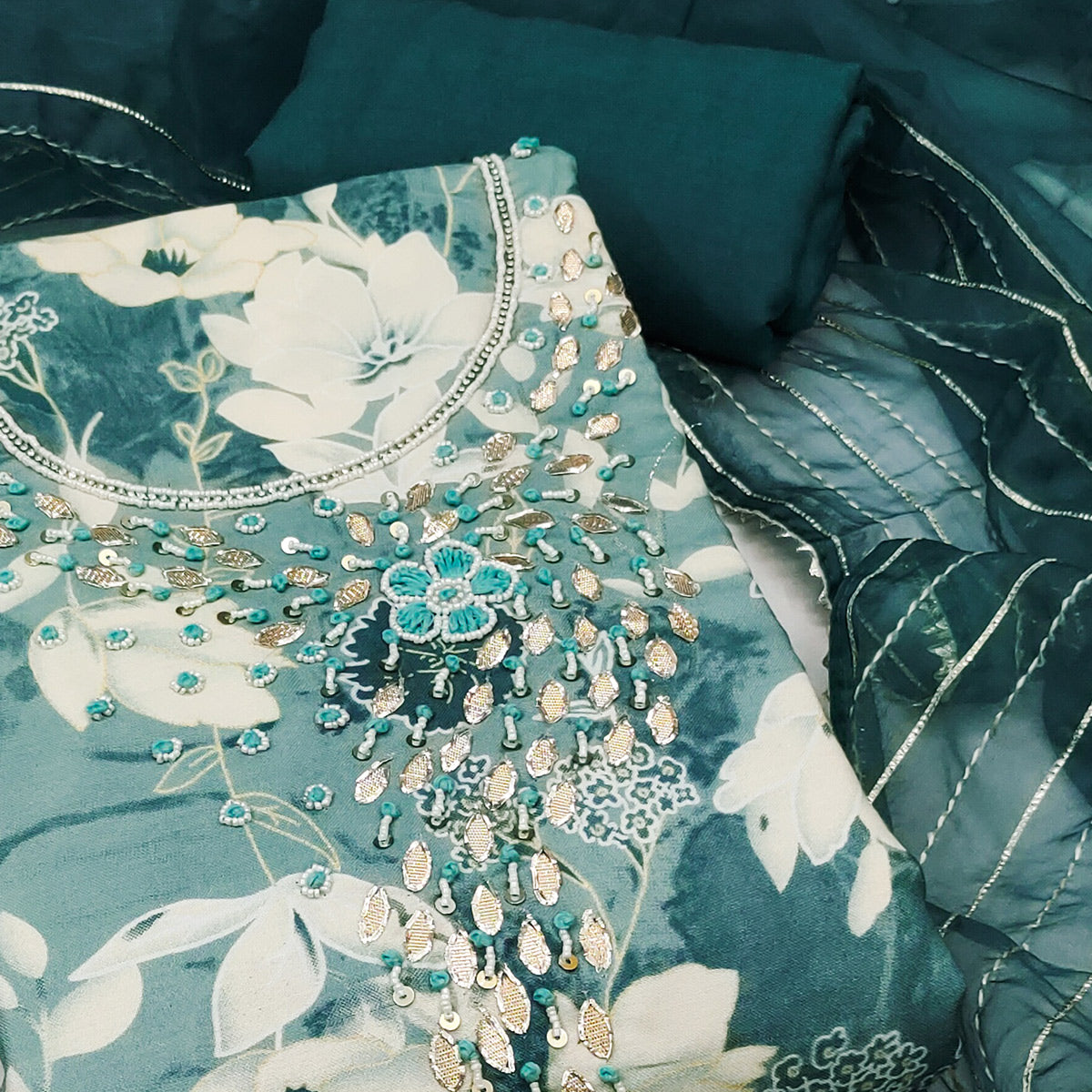 Teal Floral Printed With Intricate Moti & Sequins Handwork Cotton Silk Dress Material