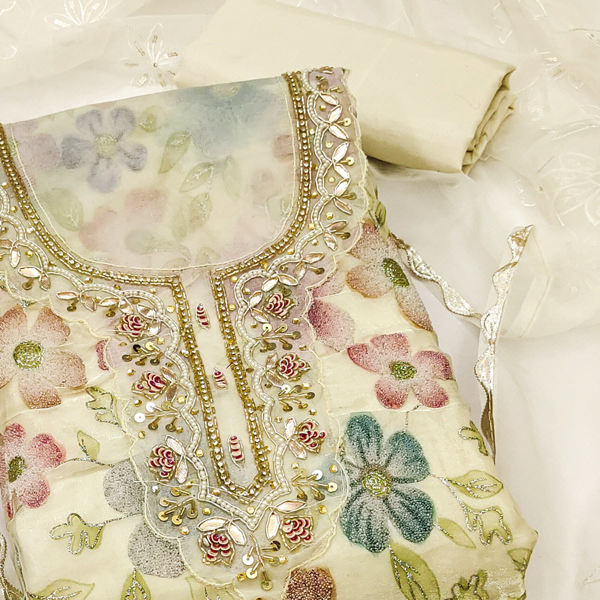 Light Yellow Delight Floral Printed With Moti & Sequins Handwork Viscose Dress Material