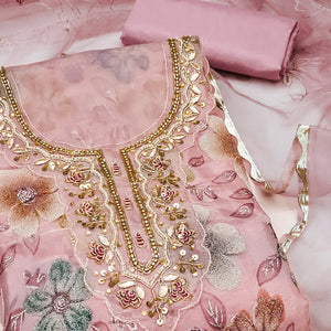 Peach Delight Floral Printed With Moti & Sequins Handwork Viscose Dress Material