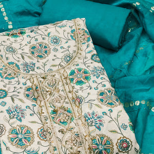 Teal Floral Printed Roman Cotton Silk Dress Material With Intricate Moti & Sequins Handwork