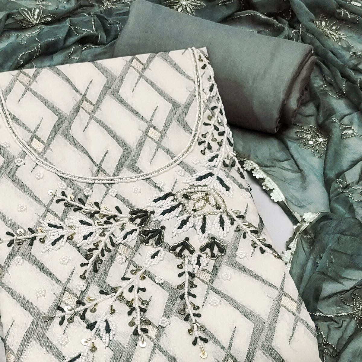 Dusty Sea Green Woven Banarasi Silk Dress Material With Intricate Moti & Sequins Handwork