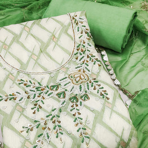 Green Woven Banarasi Silk Dress Material With Intricate Moti & Sequins Handwork