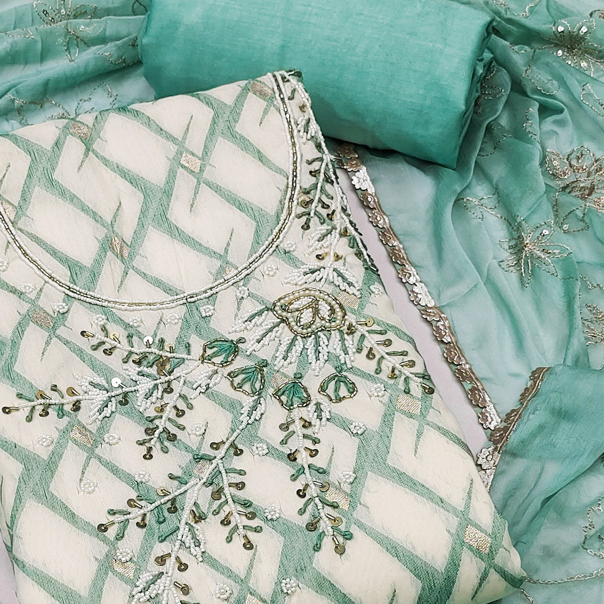 Turquoise Woven Banarasi Silk Dress Material With Intricate Moti & Sequins Handwork