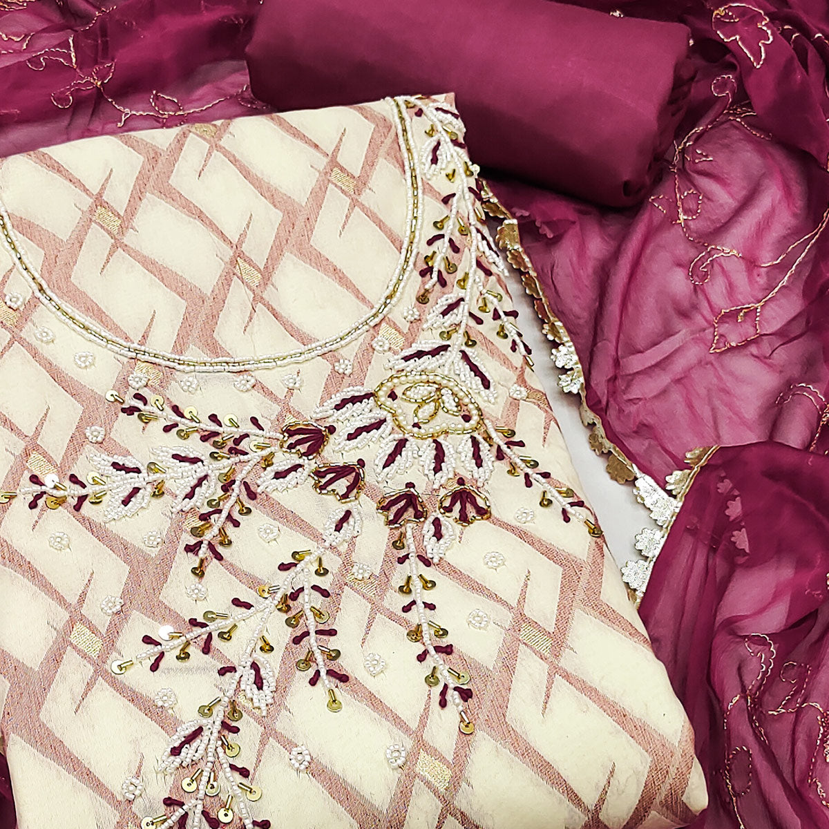 Wine Woven Banarasi Silk Dress Material With Intricate Moti & Sequins Handwork