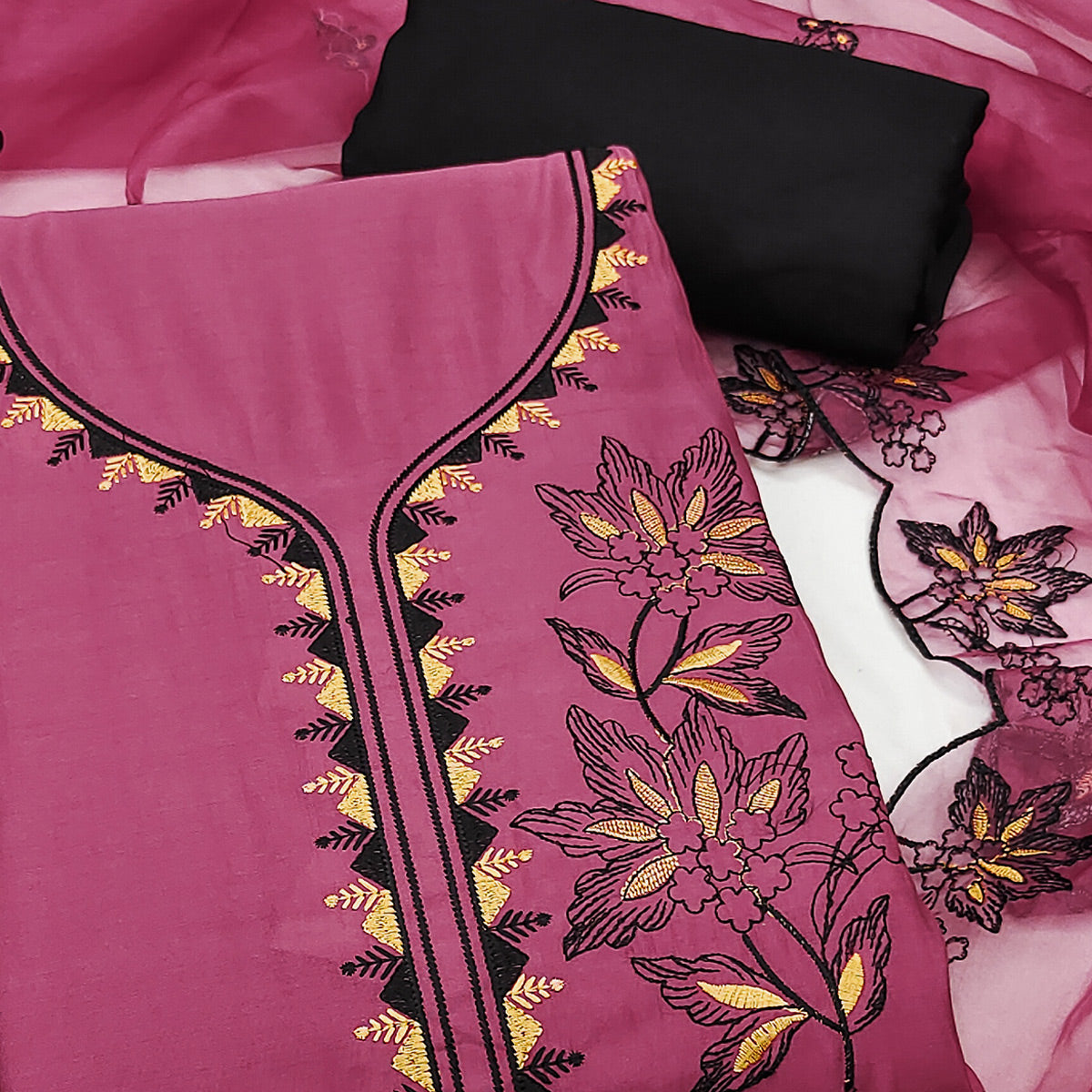 Pink Cotton Silk Dress Material With Intricate Floral Thread Embroidery