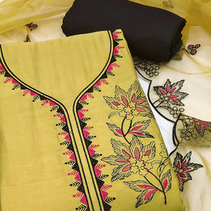 Yellow Cotton Silk Dress Material With Intricate Floral Thread Embroidery