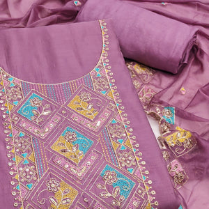 Dusty Mauve Floral Embroidered Cotton Silk Dress Material With Glimmering Sequins Work