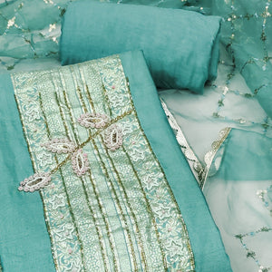 Turquoise Woven With Intricate Moti Handwork Banarasi Cotton Dress Material