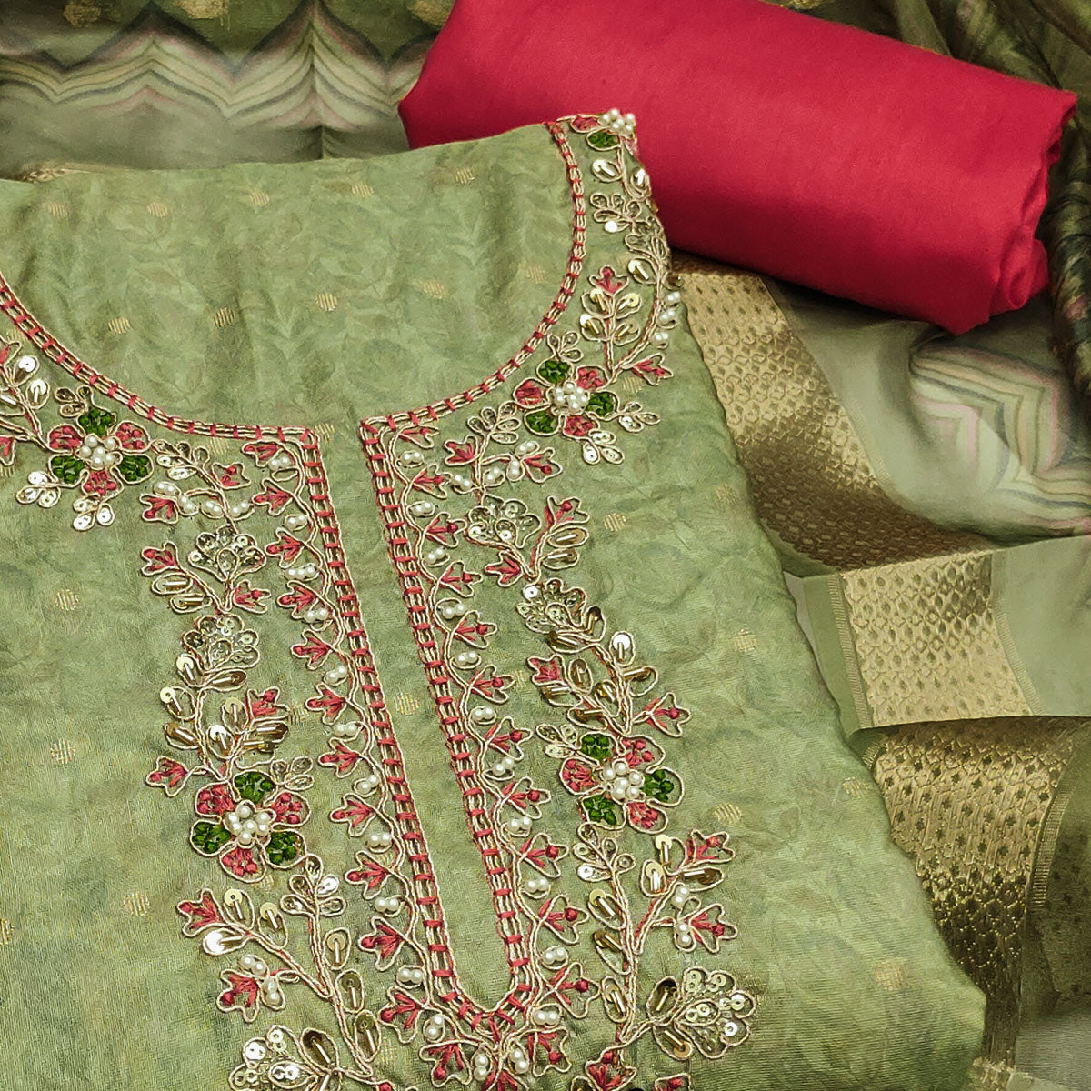 Green Digital Printed Cotton Silk Dress Material With Intricate Moti & Sequins Handwork
