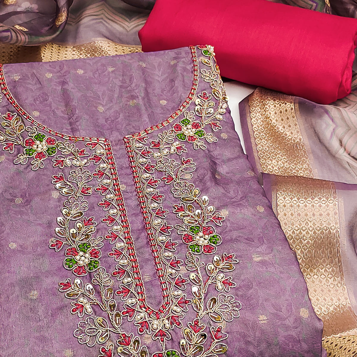 Purple Digital Printed Cotton Silk Dress Material With Intricate Moti & Sequins Handwork