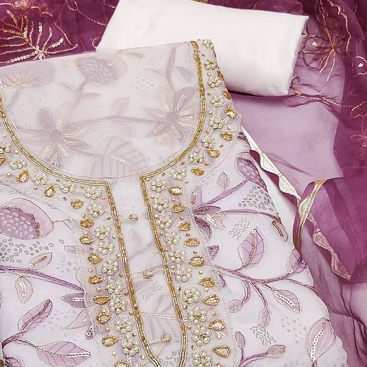 Wine Floral Elegance Dress Material With Handwork & Sequins On Organza