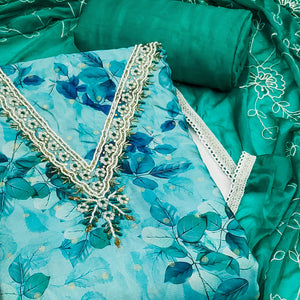 Blue Banarasi Silk Dress Material With Digital Print & Moti Handwork