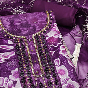 Purple Delicate Floral Sequins & Hand Embellishments On Flowing Organza Dress Material