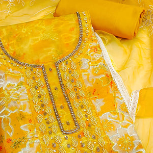 Yellow Delicate Floral Sequins & Hand Embellishments On Flowing Organza Dress Material