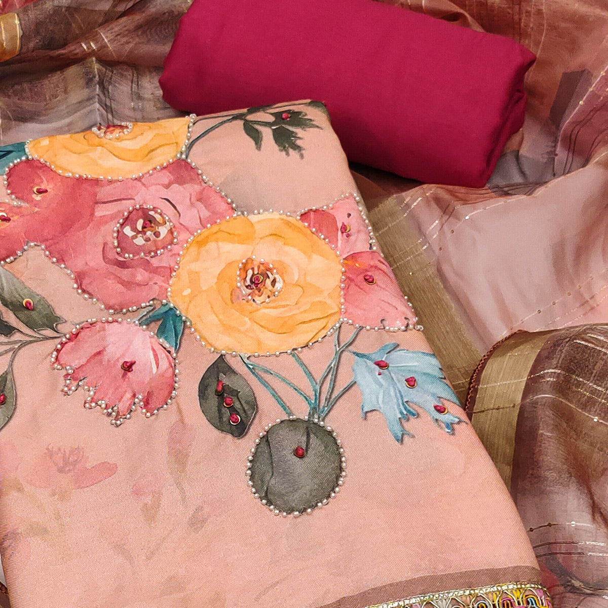 Peach Pure Cotton Dress Material With Floral Digital Print & Fine Handwork