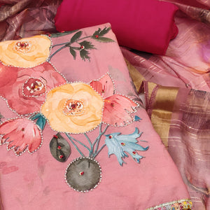 Pink Pure Cotton Dress Material With Floral Digital Print & Fine Handwork