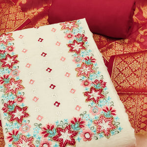 Floral Sequins Embroidered Cream & Red Pure Cotton Dress Material With Delicate Handwork