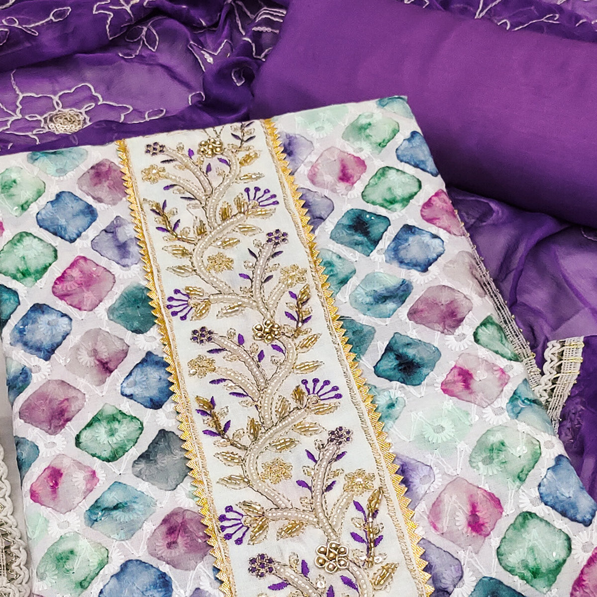 Purple Digital Printed With Sequins Embroidery & Handwork Pure Cotton Dress Material