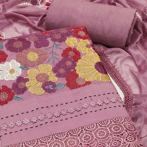 Mauve Roman Cotton Silk Dress Material Adorned With Elegant Floral Thread Embroidered Work
