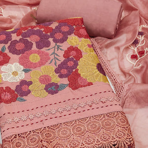 Peach Roman Cotton Silk Dress Material Adorned With Elegant Floral Thread Embroidered Work