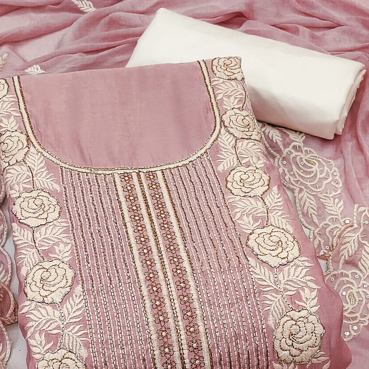 Dusty Mauve Cotton Silk Dress Material Embellished With Floral Embroidery & Intricate Handwork