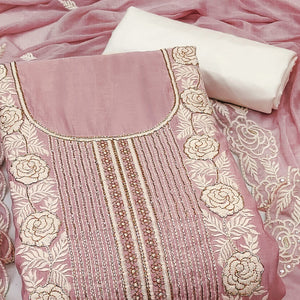 Dusty Mauve Cotton Silk Dress Material Embellished With Floral Embroidery & Intricate Handwork