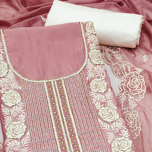Peach Cotton Silk Dress Material Embellished With Floral Embroidery & Intricate Handwork