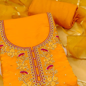 Yellow Georgette Silk Dress Material Beautified With Floral Sequins Embroidery