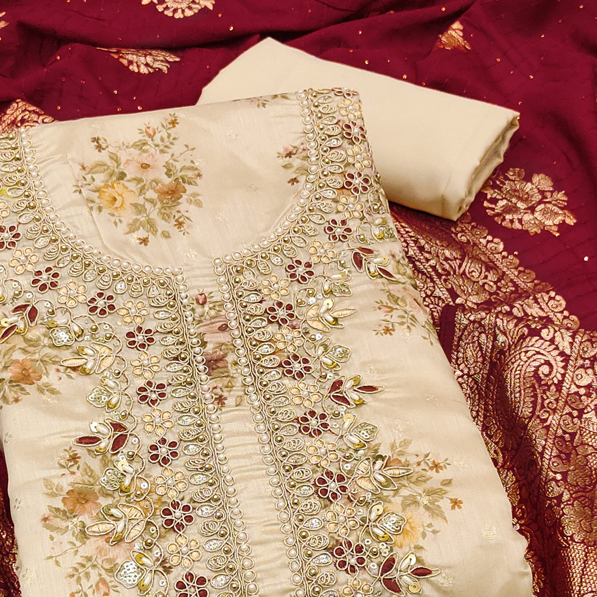 Chikoo Chanderi Silk Dress Material Adorned With Floral Sequins Embroidery & Delicate Moti Handwork
