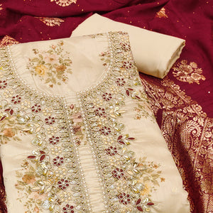 Chikoo Chanderi Silk Dress Material Adorned With Floral Sequins Embroidery & Delicate Moti Handwork
