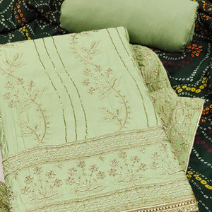 Green Cotton Silk Dress Material Embellished With Elegant Floral Hand Embroidery Work