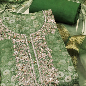 Green Banarasi Cotton Blend Dress Material With Floral Digital Print & Elegant Moti Handwork