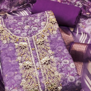 Purple Banarasi Cotton Blend Dress Material With Floral Digital Print & Elegant Moti Handwork