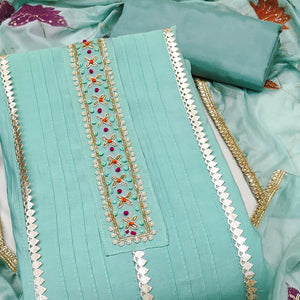 Turquoise Cotton Silk Dress Material Embellished With Elegant Moti Handwork & Gota Patti Lace