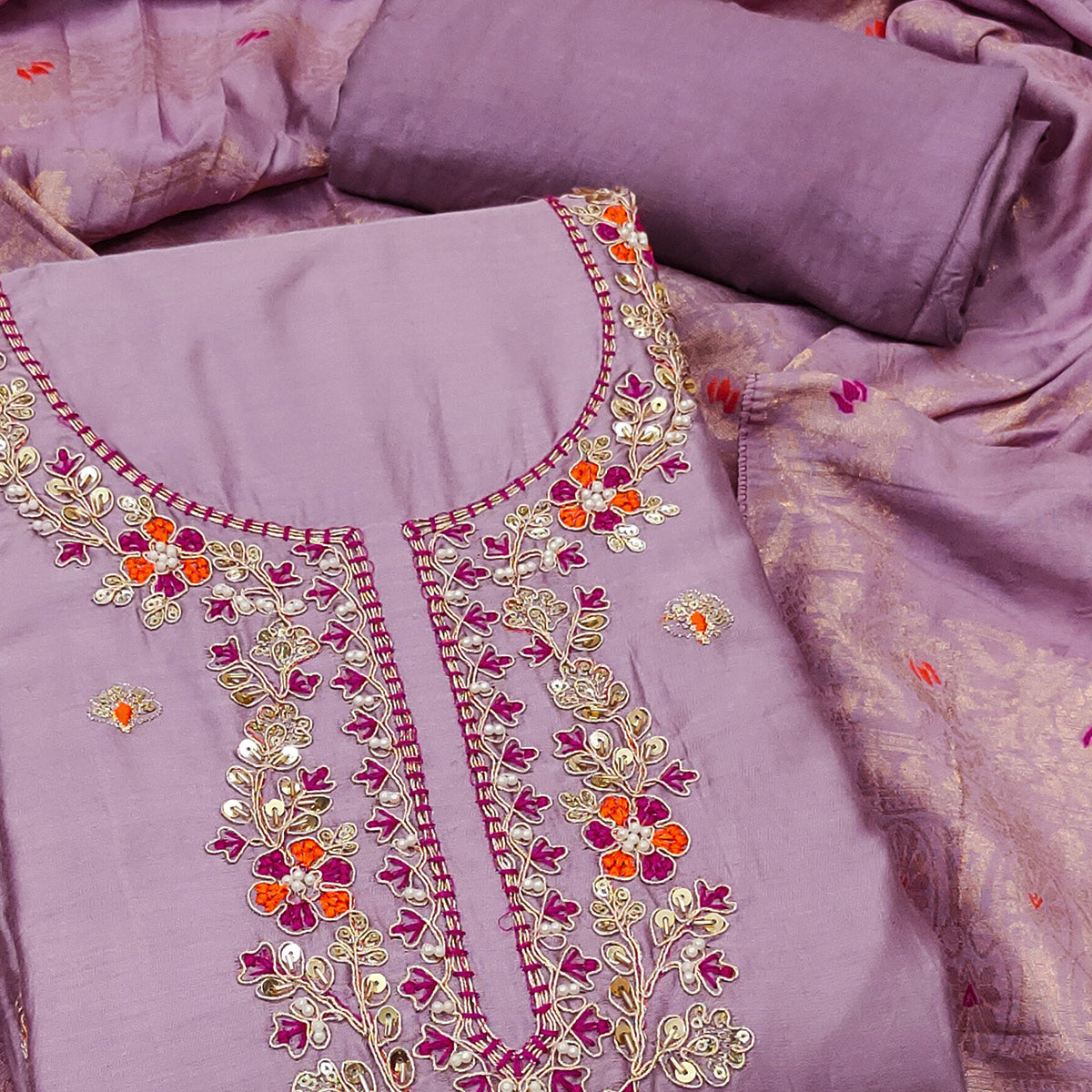 Lavender Pure Cotton Dress Material Featuring Floral Sequins Cording Embroidery With Moti Handwork