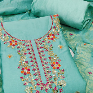 Turquoise Pure Cotton Dress Material Featuring Floral Sequins Cording Embroidery With Moti Handwork