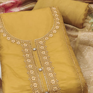 Mustard Organza Dress Material Adorned With Floral Thread Embroidery & Elegant Handwork