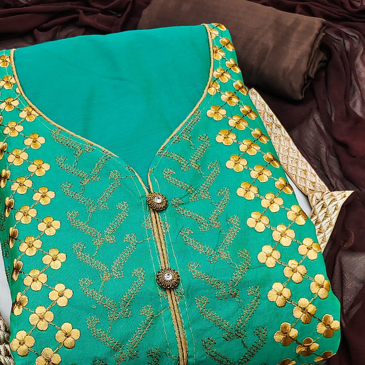 Turquoise Ensemble In Chanderi Silk Dress Material Adorned With Graceful Floral Thread Embroidery