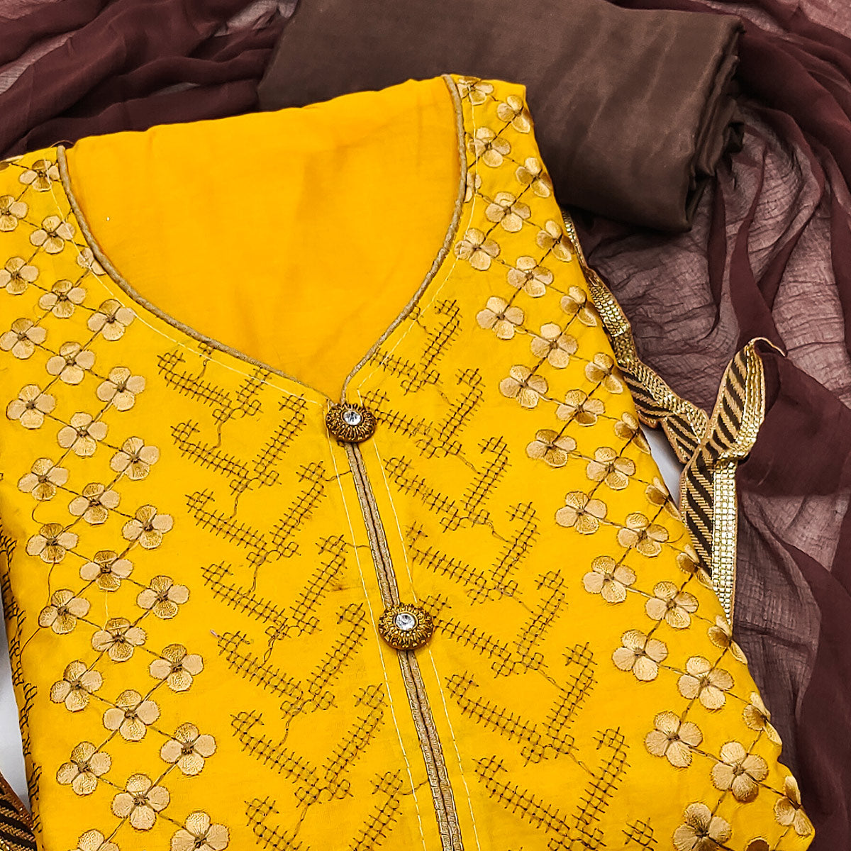 Yellow Ensemble In Chanderi Silk Dress Material Adorned With Graceful Floral Thread Embroidery