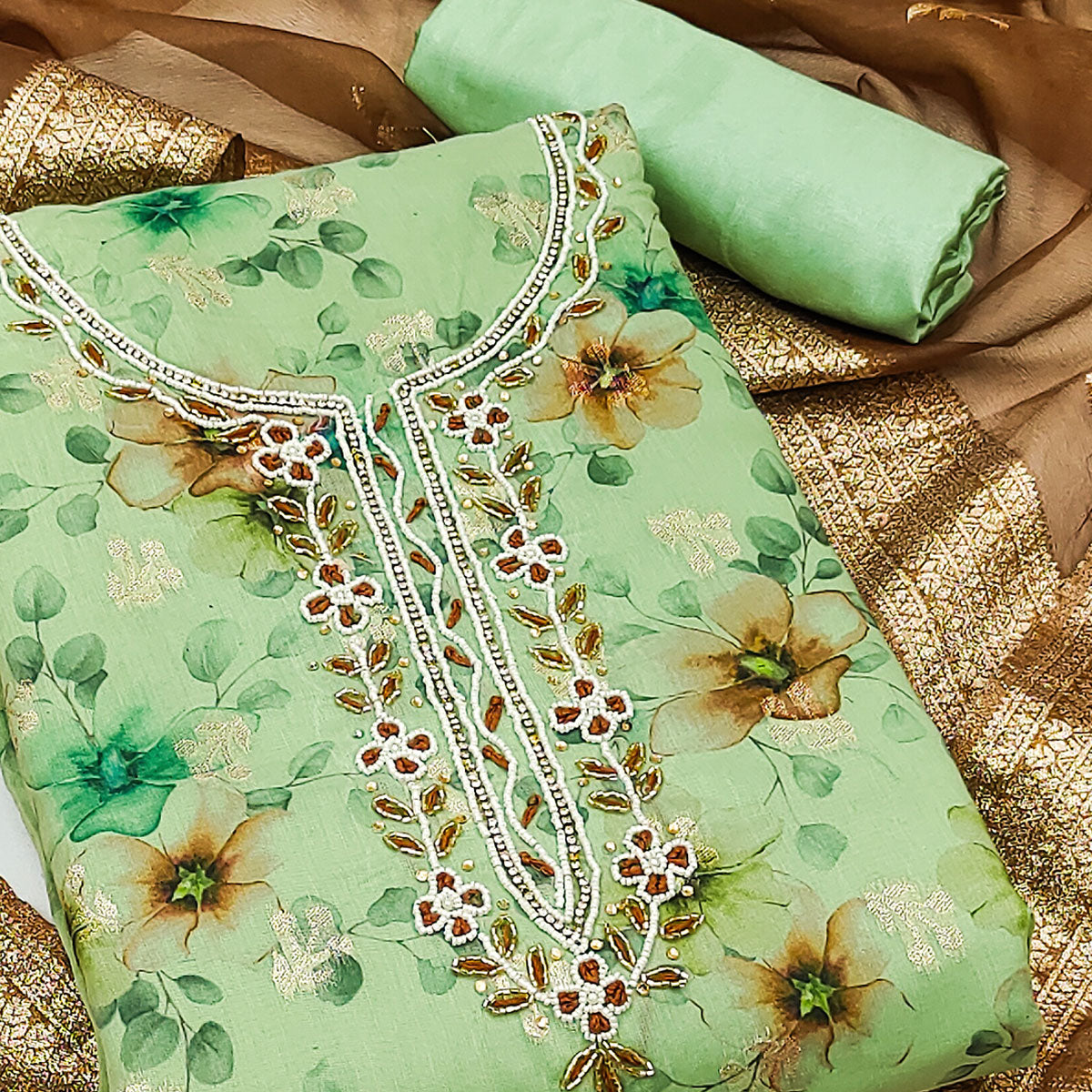 Green Floral Digital Printed Banarasi Chanderi Silk Dress Material Enhanced With Hand Work