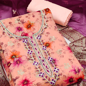Peach Floral Digital Printed Banarasi Chanderi Silk Dress Material Enhanced With Hand Work