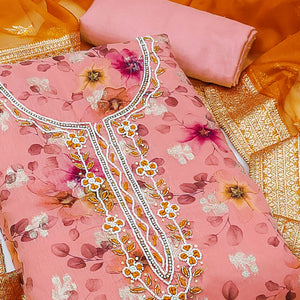 Pink Floral Digital Printed Banarasi Chanderi Silk Dress Material Enhanced With Hand Work