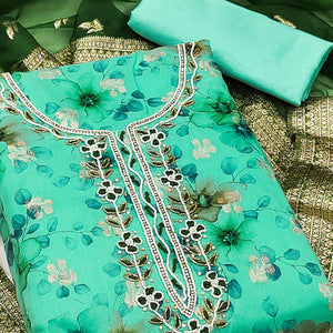 Turquoise Floral Digital Printed Banarasi Chanderi Silk Dress Material Enhanced With Hand Work